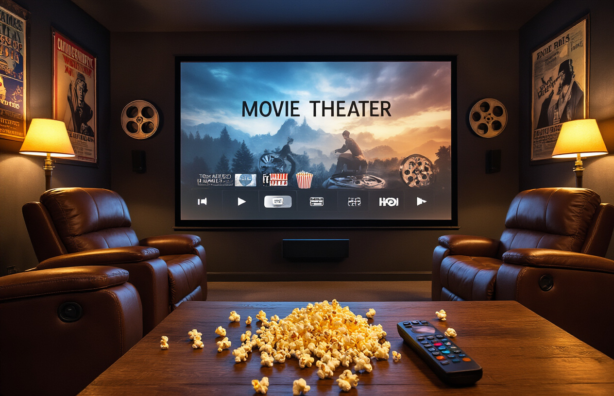Create a realistic image of a cozy home theater setting with a large wall-mounted screen displaying a movie selection interface, comfortable leather recliners in warm brown tones, a wooden coffee table with scattered popcorn kernels and a remote control, soft ambient lighting from table lamps casting a golden glow, film reels and vintage movie posters adorning the dark walls in the background, creating an intimate and cinematic atmosphere that suggests the discovery and enjoyment of hidden film treasures, absolutely NO text should be in the scene.